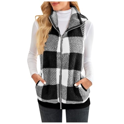 Generisch Chaleco de forro polar a cuadros de doble cara casual sin mangas chaqueta con cremallera abrigo cálido para mujer, Negro , XL