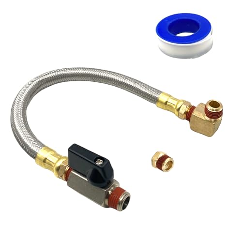 13 Inches Braided Steel Air Compressor Drain Valve Extension Hose with 1/4 Inch Shut Off Ball Valve and Elbow Fitting for Air Compressor Drain System