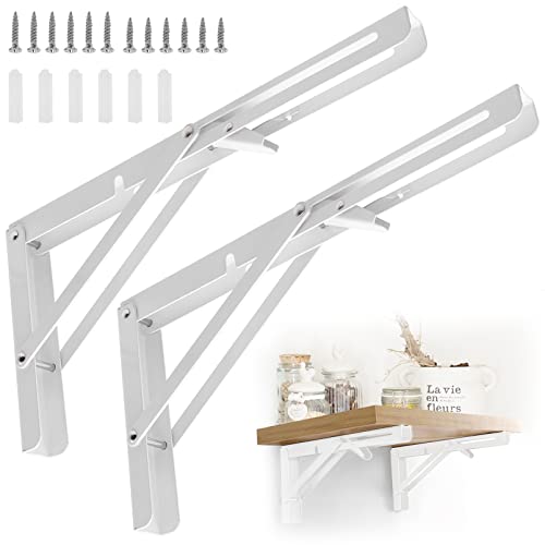 2 Piezas Soporte Estantería Plegable 300mm Bisagras Mesa Plegable Inoxidable Montados en la Pared Soporte de Estante Plegable Pesado, Carga Máxima 75 kg Blanco