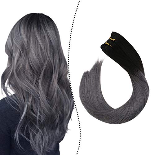 Ugeat 20inch 100% Real Human Weave Hair Double Weft Bundles Brazilian Straight Hair #1B/Silver Ombre Sew in Weft Human Hair Extensions 100Gram Per Pack