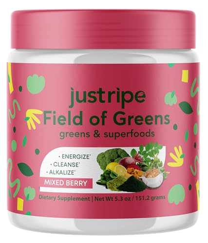 Field of Greens Superfood Powder with Organic Spirulina, Chlorella, Beet Root Powder - Bacillus Coagulans Probiotic, A Plant-Based Mix Supporting Gut Health, Immunity, 28 Scoops - Mixed Berry