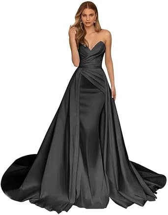 Mermaid Strapless Wedding Dresses for Bride with Detachable Train Ruched Satin Long Prom Ball Gowns for Women Black