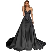 Mermaid Strapless Wedding Dresses for Bride with Detachable Train Ruched Satin Long Prom Ball Gowns for Women Black