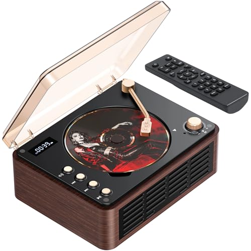 POFOTO Portable CD Player with Bluetooth 5.3 Rechargeable Bluetooth Speaker LCD Display Supports Radio/Sound Presets/USB/AUX Retro Design Dual Speakers - for Home & as a Gift (Walnut Brown)
