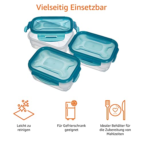Amazon Basics Gefrierbehälter im Set, mit Deckel, luftdicht, auslaufsicher, stapelbar, für Kühlschrank/Gefriertruhe, BPA-frei, Kunststoff, mikrowellen- und spülmaschinenfest, 3 x 0.6 l, hellblau
