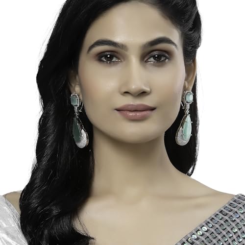 Rhodium-Plated Teardrop Drop Earrings With American Diamond Studs
