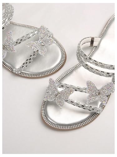Image of OYOANGLE Women's Silver Rhinestone Sandals Sparkly Dressy Flat Sandals