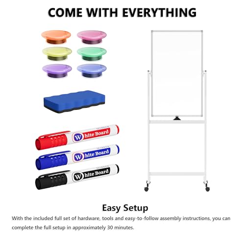 Image of Large Rolling Whiteboard on Wheels, 40 inch x 24 inch Double-Sided Mobile White Board with Stand, Portable Standing Magnetic Dry Erase Board Easel for Home Office Classroom School, Silver