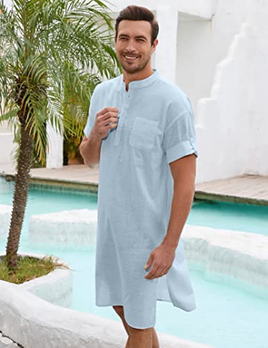 TURETRENDY Men's Linen Kaftan Thobe Short Sleeve Robe Gown Casual Longline T Shirts for Beach2
