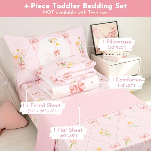 Image of Toddler Bedding Set for Girls, Kids Comforter Set Pink Reversible, Ultra Soft & Lightweight Crid Bedding Set Includes Comforter, Flat Sheet, Fitted Sheet, Pillowcase