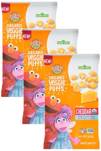 Earth's Best Organic Kids Snacks, Sesame Street Toddler Snacks, Organic Cheddar Veggie Puffs, Gluten Free Snacks for Kids 2 Years and Older, Cheddar, 1.55 oz Bag (Pack of 3)