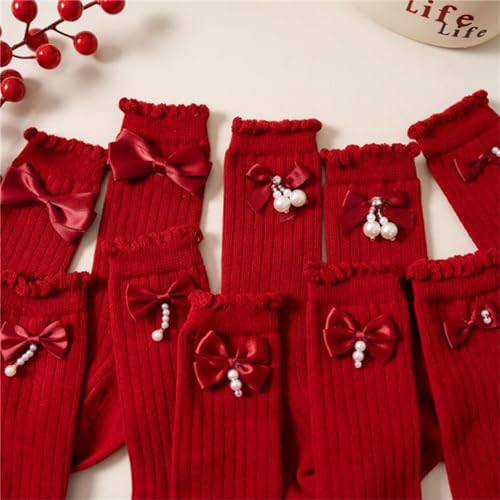 Toddler Girl's Christmas Knee High Socks, Ribbed Bowknot Rhinestone Pearl Decoration Anti-Slip Calf Socks4