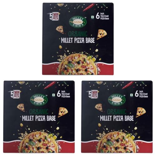 Image of Millet Amma Certified Organic Millet Pizza Base | Thin Crust | 200g Pack | 6 Pieces | Ready to Cook | 100% Vegan | Low Gluten | High Fiber | Readymade Bread (Pack of 3)
