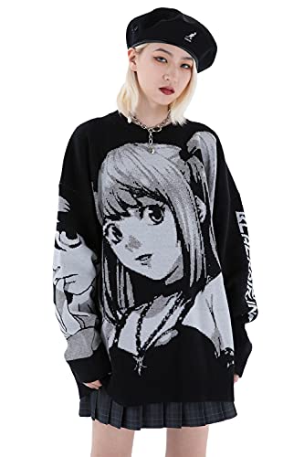 Fellvishk Anime Girl Figure Sweater Graphic Long Sleeve Oversize Knitwear Sweatshirt Unisex 3D(Black, X-Large) #TOP1