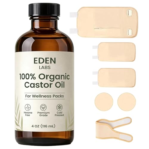 Eden Labs Castor Oil Pack Bundle Organic Castor Oil for Digestion Support & Gut Cleansing Reusable Wraps | Durable Comfortable Pack Wraps