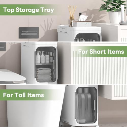 Image of KRISHYAM 3 Door Slim Plastic Storage Cabinet with Wheels, Collapsible Foldable Organizer with Transparent Doors & Removable Shelves for Bathroom, Bedroom, Kitchen & Living Room, White