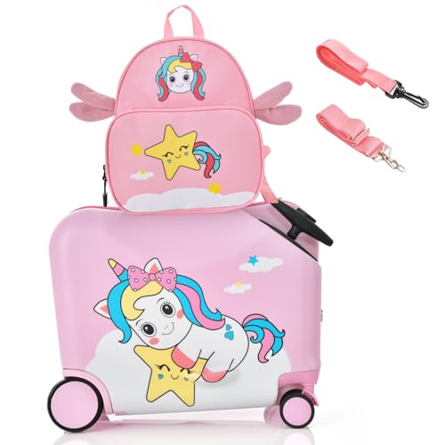 GOPLUS Barnväska med ryggsäck, barnvagn, barnbagage med hjul, resväska med teleskophandtag, hårt skal för barn, barnvagn färgval, Rosa enhörning, 12+18, Barn