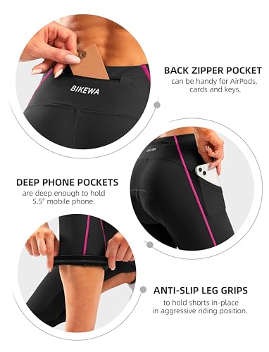Calça feminina acolchoada 4D de cintura alta para ciclismo capri 3/4 com bolsos com zíper, Preto/Ros