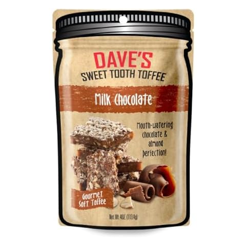 Dave's Sweet Tooth Toffee - Milk Chocolate Toffee (4 oz) - Handmade & Homemade Gourmet Soft Toffee with Real Butter, Real Sugar and Hand-Sliced Almonds, Naturally Gluten-Free Cover