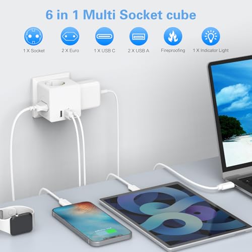 Steckdosenwürfel ohne Kabel, Steckdosenadapter mit USBC für DE/NL/ES/SE/FR, 4000W Cube Mehrfachsteckdose mit 3 USB, 3 Fach Mehrfachstecker für Steckdose mit Überspannungsschutz & Kindersicherung 2