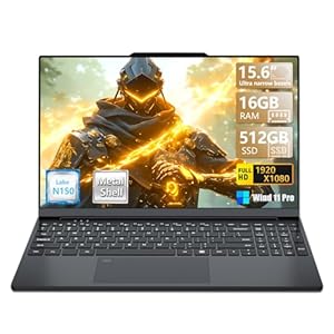 Laptop para juegos 2025, bisel estrecho de 15.6 pulgadas con procesador N150 (hasta 3.6 GHz) 16 GB de RAM 512 GB SSD FHD Premium portátil, WIFI 5, BT 4.2, desbloqueo de huellas dactilares, teclado