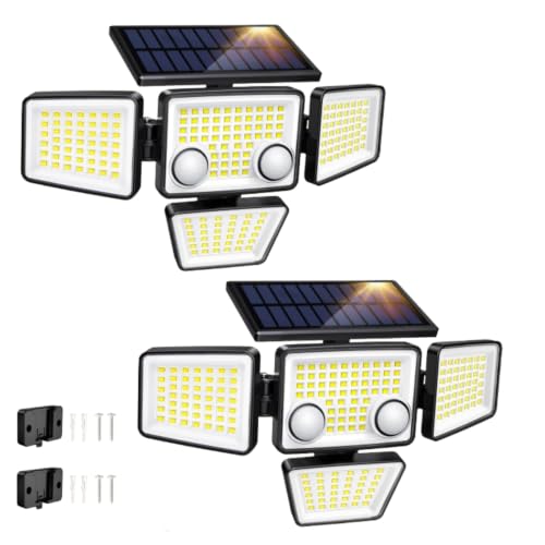 Solar Outdoor Lights with Motion Sensor - 3000LM IP65 Waterproof 270°Wide Angle Lighting - 4 Heads LED Security Light for Outside Yard (2 Packs)