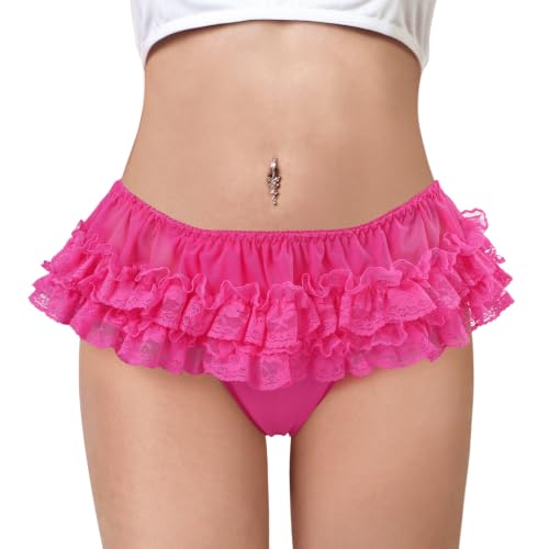 Littleforbig Lace Skort Sissy Tucking Gaff Thong Panties with Lace Trim - Low Rise Feminine Crossdresser Underwear for Transgender Individuals Hot Pink 2XL