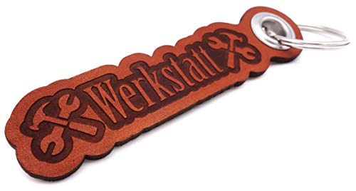 Samunshi® Porte-clés en cuir avec gravure et inscriptions - Fabriqué en Allemagne - 16 couleurs variables, Marron cognac/gravé, Werkstatt 12x2,8cm