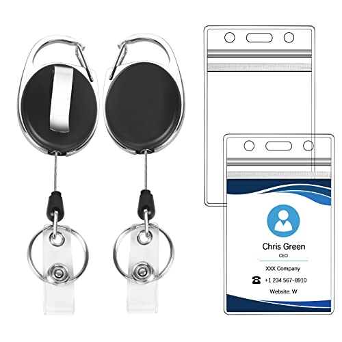 Simetufy 2 Pack Heavy Duty Retractable Badge Holders With Carabiner Reel Clip And Vertical Clear Id Card Holder, Retractable Keychain With Steel Pull Cord For Office Work Employee #TOP29