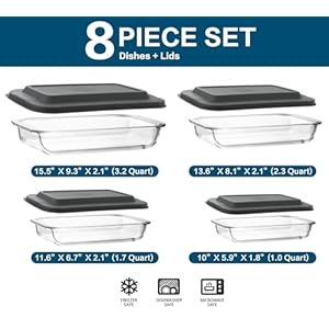 8 piece deep glass baking dish set with plastic lidsrectangular glass bakeware set with lids baking pans for lasagna leftovers cooking kitchen freezer to oven and dishwasher gray  urban country home decor