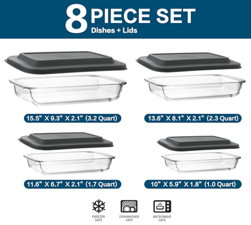 8-Piece Deep Glass Baking Dish Set with Plastic lids,Rectangular Glass Bakeware Set with Lids, Baking Pans for Lasagna, Leftovers, Cooking, Kitchen, Freezer-to-Oven and Dishwasher, Gray by M MCIRCO - Image 2