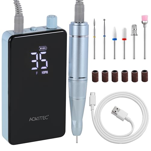 Image of Aokitec Portable Nail Drill Professional - 35000RPM Electric Rechargeable Nail Drill Machine with Drill Bits Sanding Bands E File Kit for Acrylic/Gel Nails Removal Manicure Pedicure Kit, Blue