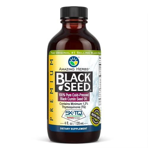 Amazing Herbs Premium Black Seed Oil - Gluten Free Non GMO Cold Pressed Nigella Sativa Aids in Digestive Health Immune Support Brain Function - 4 Fl Oz