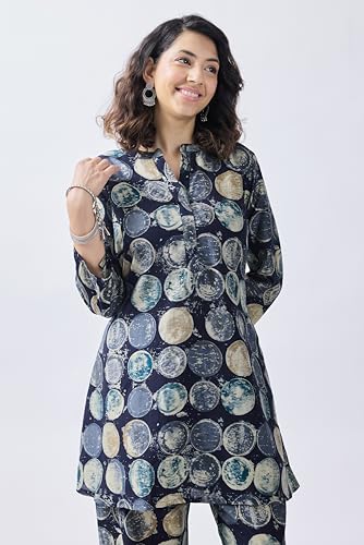 Image of Cicica Co Ord Set for Women | Two Piece Co-Ord Set | Western Co-Ords Set | Women's 2 Piece Set | A line | Trendy Long | Navy Blue | Geometric Printed Payjama Set