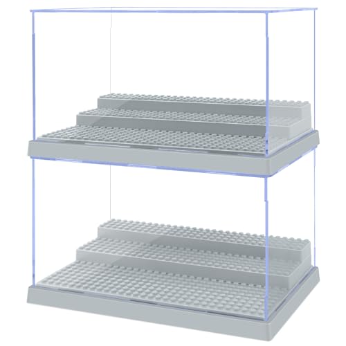 Image of 2 Pack Display Case for Minifigure Action Figures Blocks, Acrylic Minifigure Display Case Box Storage with 3 Movable Steps Gift for Kids Adults (Grey)