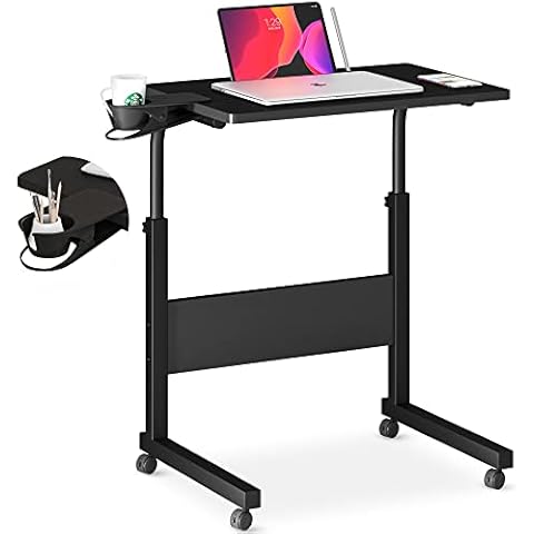 Klvied Standing Desk Adjustable Height, Stand Up Desk with Cup Holder, Portable Laptop Desk, Mobile, Small Computer Desk, Bedside Table, Black Rolling Desk, Work Desk for Home Office Cover