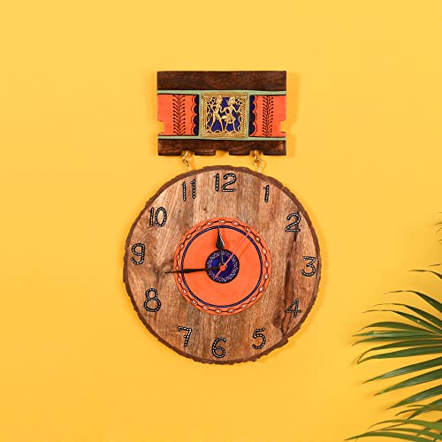 Image of AAKRITI ART CREATIONS Handcrafted Hanging Wall Clock Multicolor | Clock for Home, Home Decoration | Dhokra Art Wall Hanging Wall Clock, Lightweight Wooden wall Decor | Matte Finish