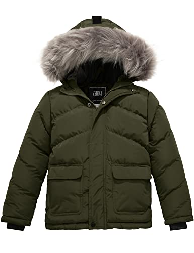 Zshow Boy's Warm Snow Jacket Soft Fleece Lined Hooded Puffer Coat With Storm Hood(Army Green,14-16) #TOP11