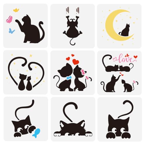 FINFERINSPIRE 9Pcs Pochoirs de Chat Peeping pour Peinture 15x15cm Modèle de Dessin de Chats Mignons Réutilisable PET Lune Étoile Coeur Motif Pochoir de Peinture...