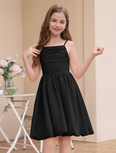 ODIZLI Girl's Spaghetti Strap A Line Ruched Bubble Dress Tween Girls Short Prom Dance Graduation Dresses Party Summer2