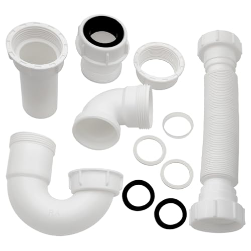 White 1 1/4" and 1-1/2" P-Trap Plumbing Kit with Threaded Adapter, J-Bend for Restroom Sink Kitchen Sink Drain Pipe, Flexible Extension Tube Drain Tailpiece
