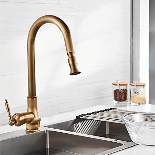 Single Handle Kitchen Faucet,Antique Copper One Hole Pull Out Pull Down Widespread Brass Faucet Body With Cold Hot Mixer Hoses #TOP3