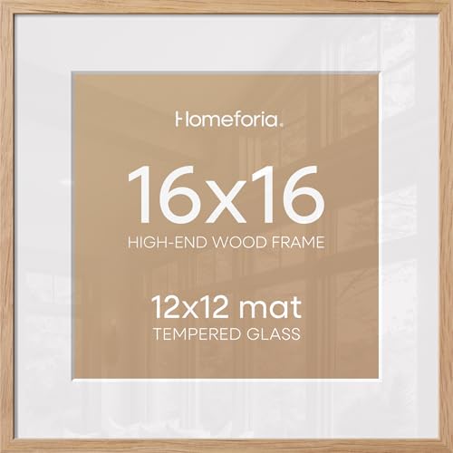 Image of Homeforia 16x16 Picture Wood Frame, High End Natural Oak 16 x 16 Square Light Wooden Frames with Mat 12 by 12 inch Photo, 16by16 Poster Frames Matted to 12x12 Print, Tempered Glass, Wall Kit, Set of 4