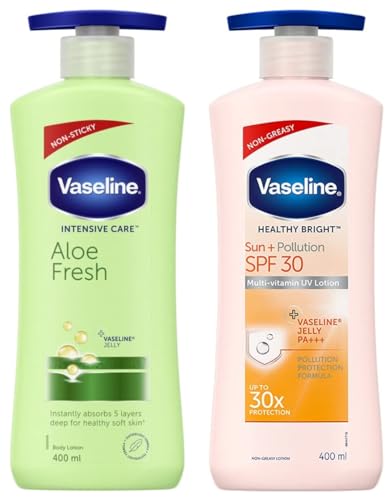 Image of Vaseline Intensive Care Aloe Fresh Hydrating Body Lotion 400 ml, Daily Moisturizer for Dry Skin, Gives Non-Greasy, Glowing Skin - & Vaseline Healthy Bright Sun Protection Body Lotion SPF 30 400 ml
