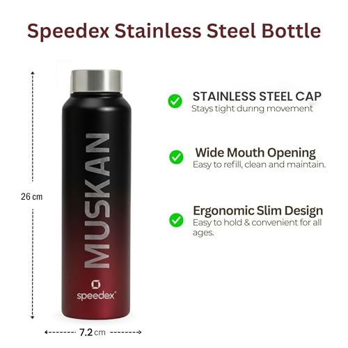 Image of Speedex Customised Engraved Name Stainless Steel Water Bottle 1 Ltr - Personalised Screw Cap Bottle for Kids, Men & Women, School, Office, Gym, Black Wine, Set of 1