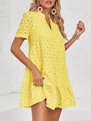 Image of Imily Bela Womens Summer Lace Dresses Eyelet Casual Flowy Babydoll Swing Short Sleeve V Neck Tunic Dress