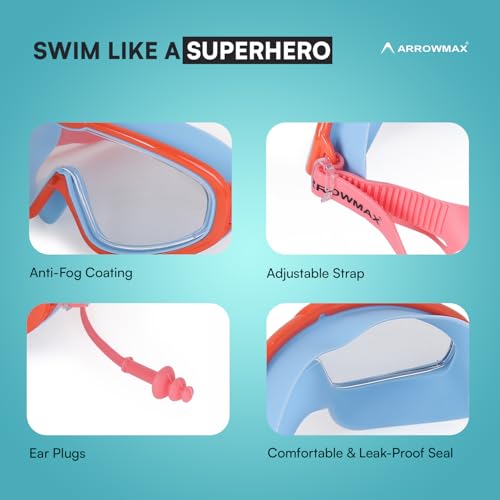 Image of ArrowMax Swimming Goggles for Kids 3-14 Years | Anti-Fog Swim Goggles with UV Protection & Ear Plugs | Leak-Proof Adjustable Goggles for Boys & Girls | Free Case Included (Red /Blue)