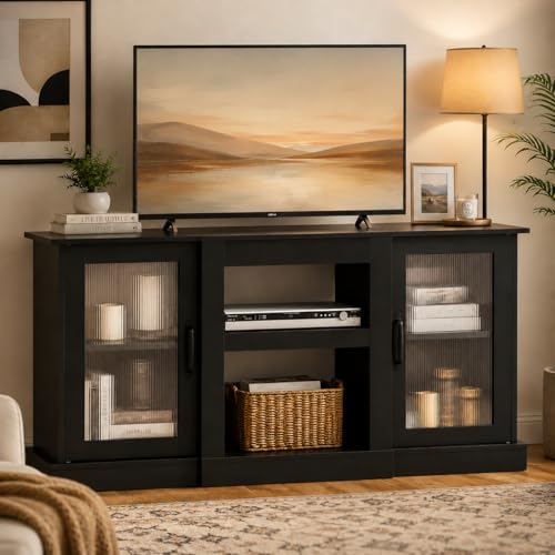 WLIVE 58' Farmhouse TV Stand for 65/60/55 Inch TVs, Tall Entertainment Center with Storage Cabinets & Adjustable Shelves, Modern Media Console Table with Acrylic Doors for Living Room Bedroom, Black