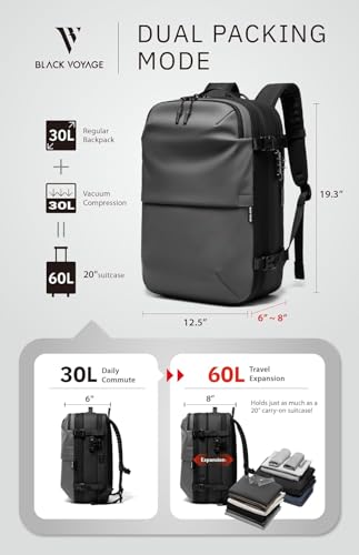 Image of BlackVoyage Vortex Vacuum Seal Travel Backpack 60L Expandable Air Compression System Water Resistant TSA Lock, Aero (Black), 60L (Air Pump Included), Aero