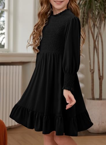 Yoklass Girls Smocked Dress Casual Puff Long Sleeve Ruffle Neck Dresses 4-13 Years3